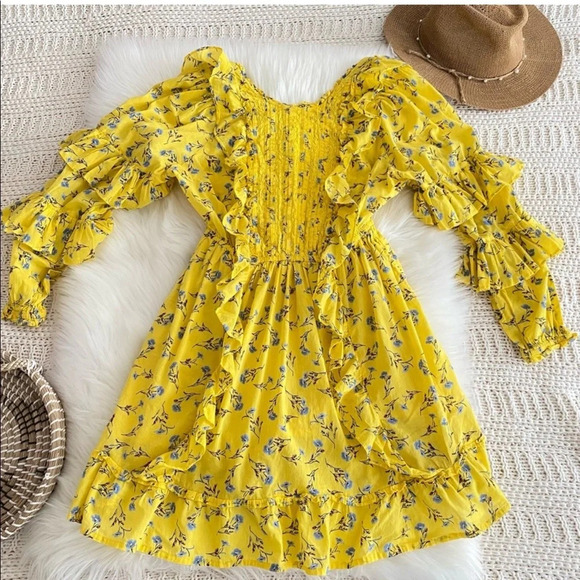 Happy X Nature By Kate Hudson Dress Ditsy Meadow Mini Floral Ruffle Yellow - Picture 5 of 14